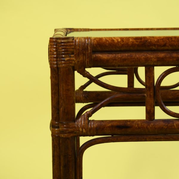 Pair of Burnt Bamboo Fretwork Rattan Side Tables