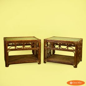 Pair of Burnt Bamboo Fretwork Rattan Side Tables