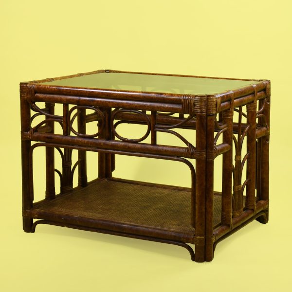 Pair of Burnt Bamboo Fretwork Rattan Side Tables
