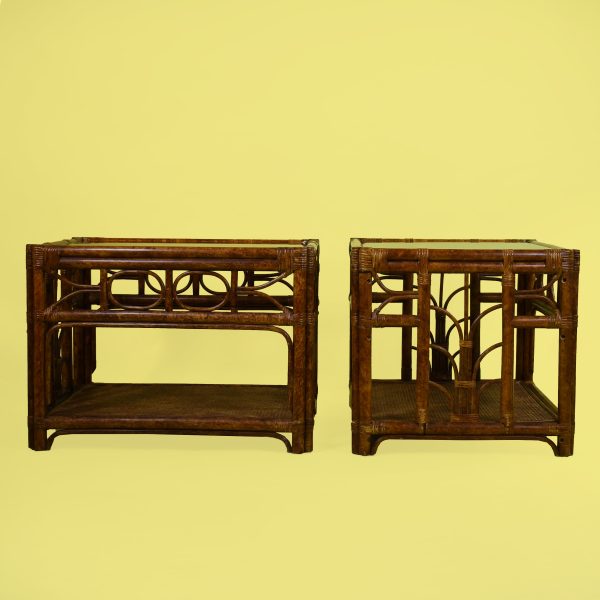 Pair of Burnt Bamboo Fretwork Rattan Side Tables