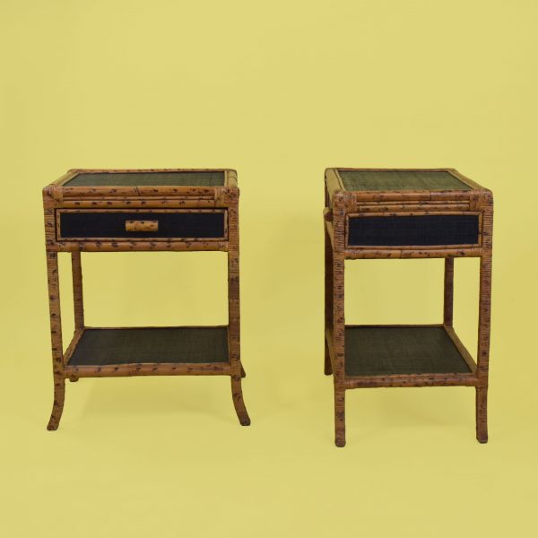 Pair of Burnt Bamboo and Grasscloth Nightstands