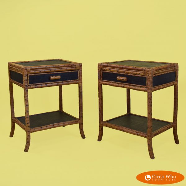 Pair of Burnt Bamboo and Grasscloth Nightstands