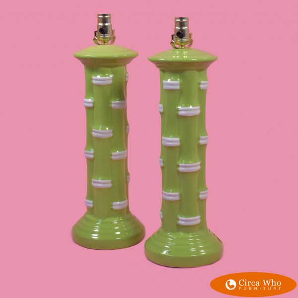 Pair of Ceramic Faux Bamboo Green Table Lamps