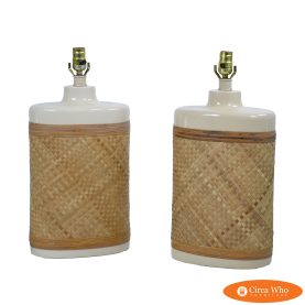 Pair of Ceramic and Wrapped Rattan Table Lamps