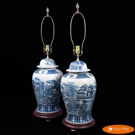 Pair of Chinese Scene Blue Lamps
