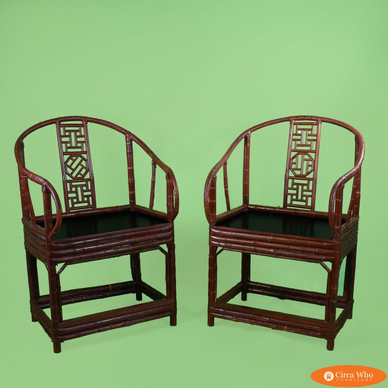 Pair of Chinoiserie Burgundy Barrel Chairs