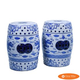 Pair of Chinoiserie White and Blue Garden Stools
