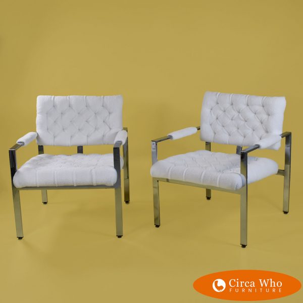 Pair of Chrome tufted lounge chair with white upholstery