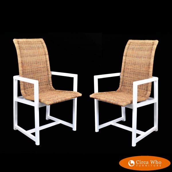 Pair of Danny Ho Fong Style Wood and Woven Rattan Arm Chairs