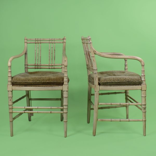 Pair of Distressed Faux Bamboo Occasional Chairs by Kittinger