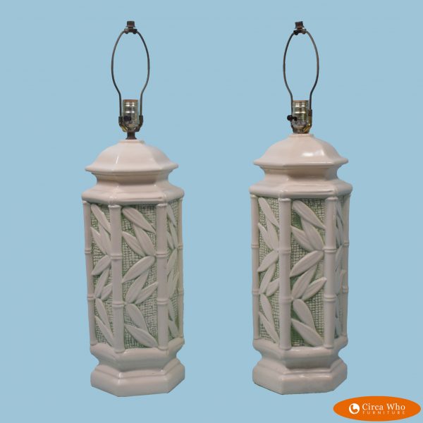 Pair of Faux Bamboo Ceramic Leaves Table Lamps