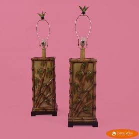pair of Faux bamboo ceramic palm leaf lamps