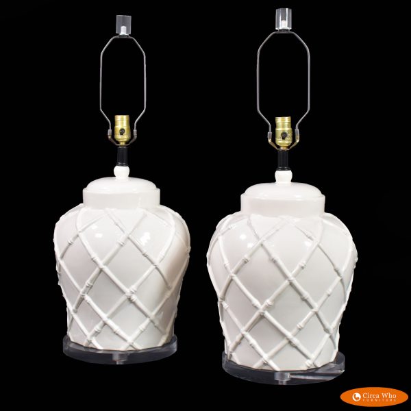 Pair of Faux Bamboo Ceramic Table Lamps on Lucite