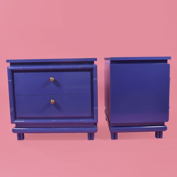 Pair of Faux Bamboo Mid Century Blue Nightstands