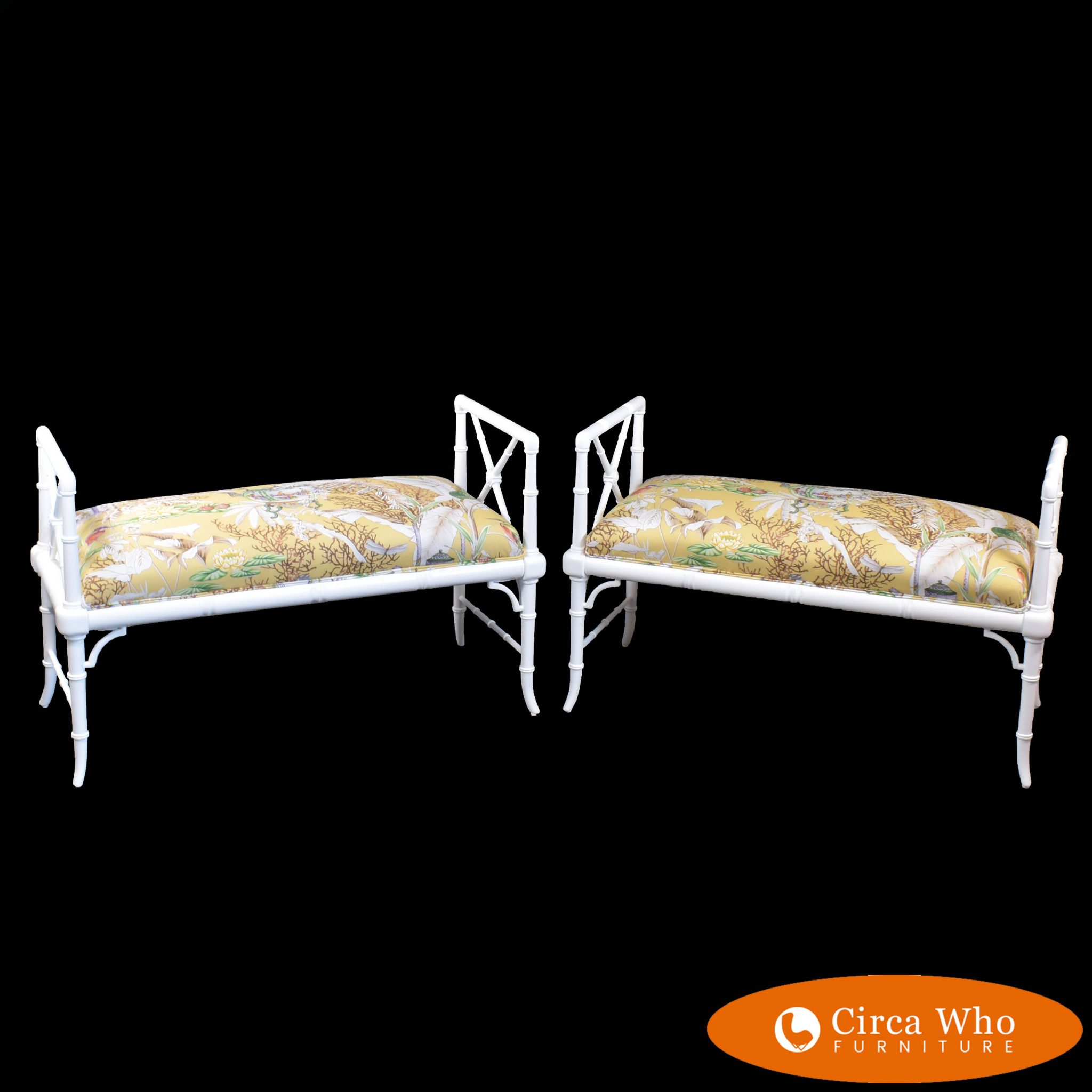 Pair of Faux Bamboo White Benches Circa Who