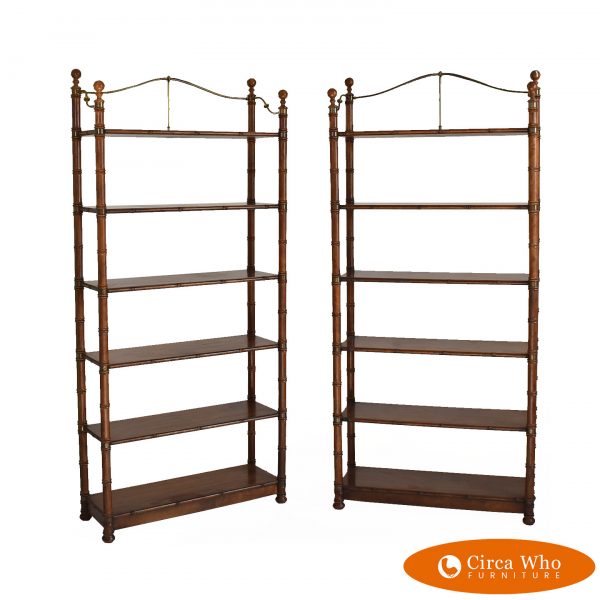 Pair of faux bamboo etageres with brass