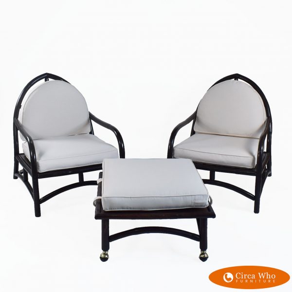 Pair of Ficks Reed Leaf Chairs With Ottoman