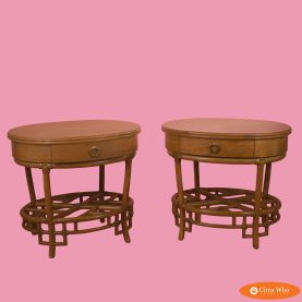 Pair of Ficks Reeds Fretwork Oval Rattan Nightstands