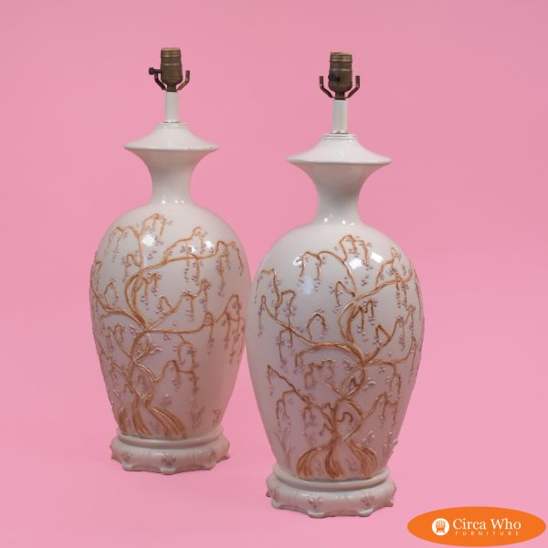 Pair of Floral Ginger Jar White Lamps