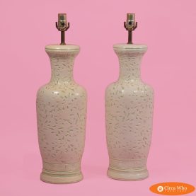 Pair of Floral Greek Key Ceramic Table Lamps