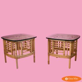 Pair of Fretwork Burnt Bamboo Glass Top End Tables