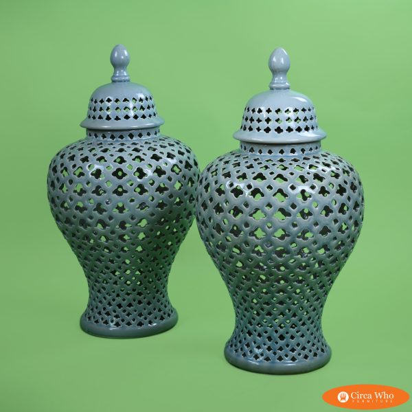 Pair of Fretwork Ceramic Ginger Jars