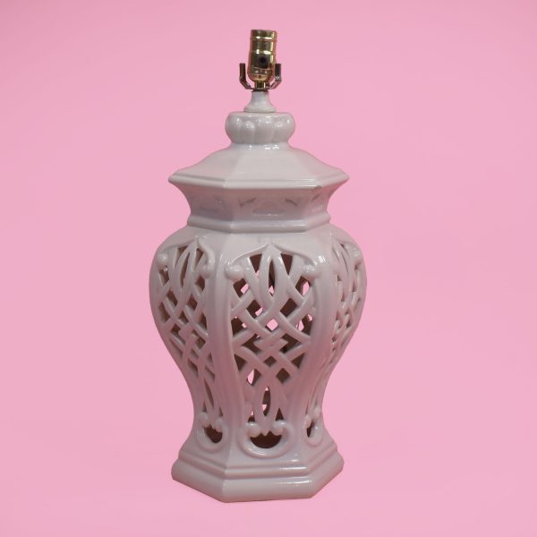 Pair of Fretwork Ceramic White Table Lamps