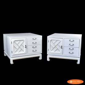 Pair of Fretwork Ming Style White Nightstands