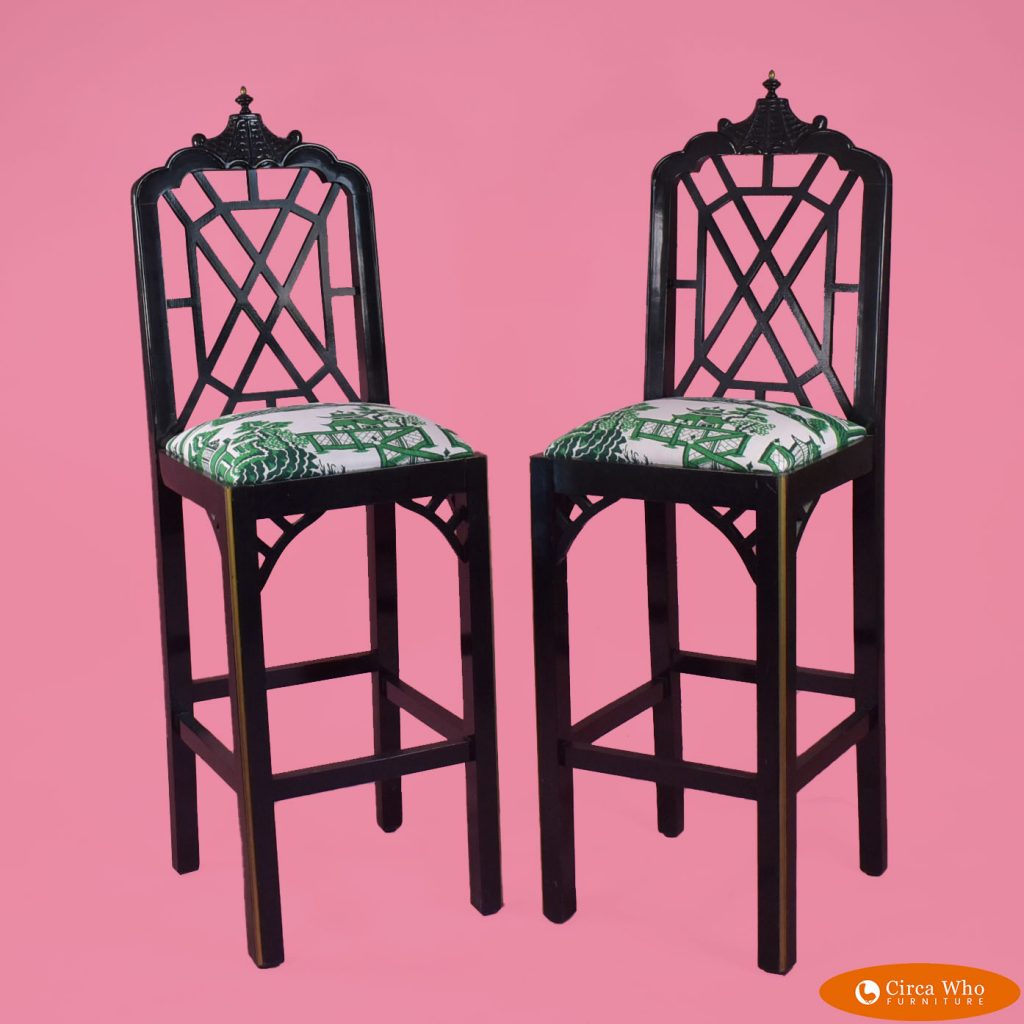 Pair of Fretwork Pagoda Bar Stools Circa Who