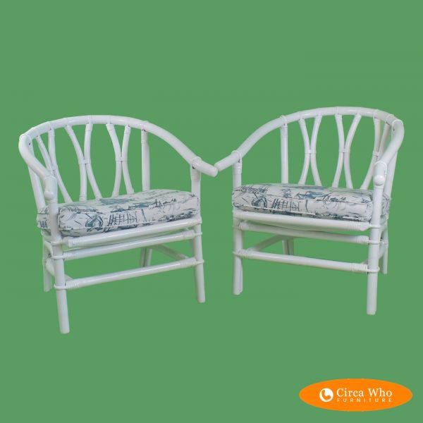 Pair of Fretwork White Rattan Barrel Chairs
