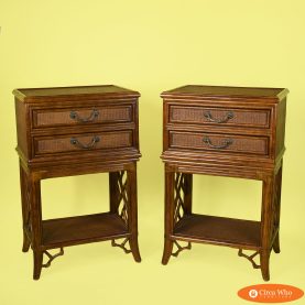 Pair of Fretwork Woven Rattan Tall Nightstands
