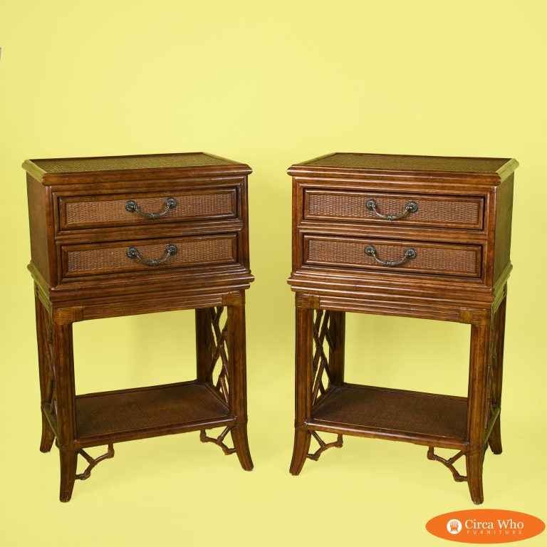 Pair of Fretwork Woven Rattan Tall Nightstands