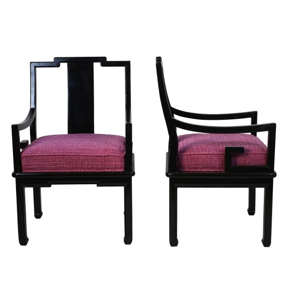 Pair of Black Greek Key Arm Chairs with Pink Upholstery