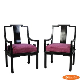 Pair of Black Greek Key Arm Chairs with Pink Upholstery