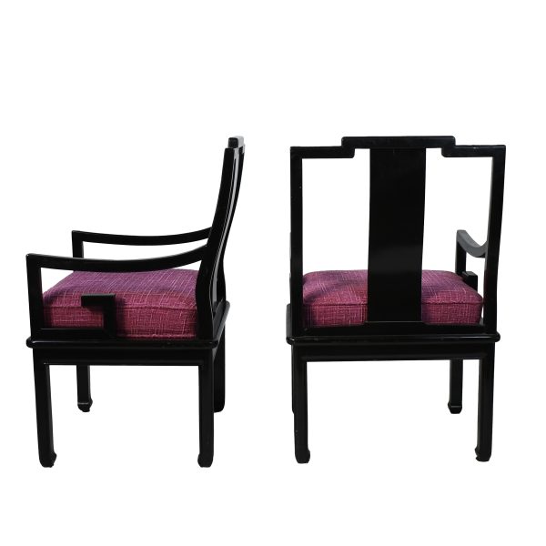 Pair of Black Greek Key Arm Chairs with Pink Upholstery