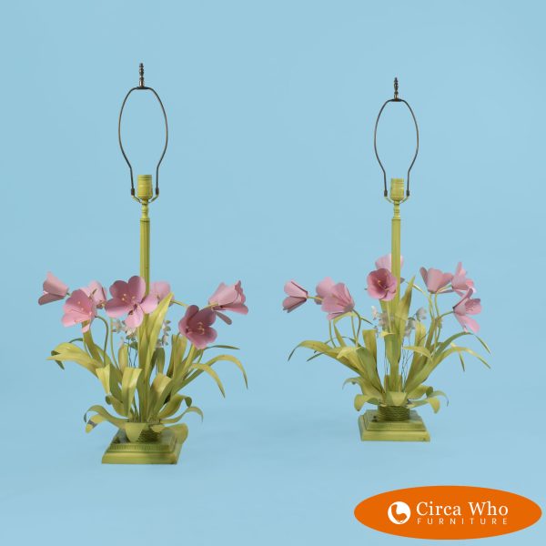Pair of Green and Pink Tole Table Lamps