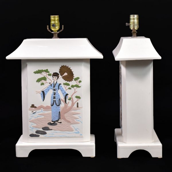 Pair of Hand-painted Ceramic Pagoda Table Lamps