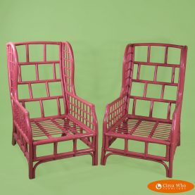 Pair of High-Back Fretwork Wing Chairs