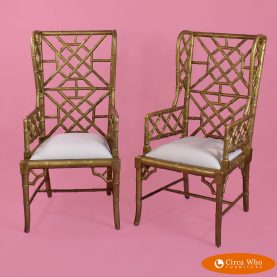 Pair of high-back Fretwork Arm Chair gold color with white cushion