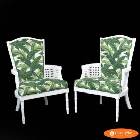 Pair of High-back Upholstered Cane Chairs