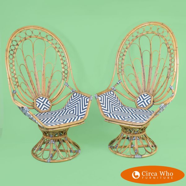 Pair of Highback Swivel Rattan Throne Chairs