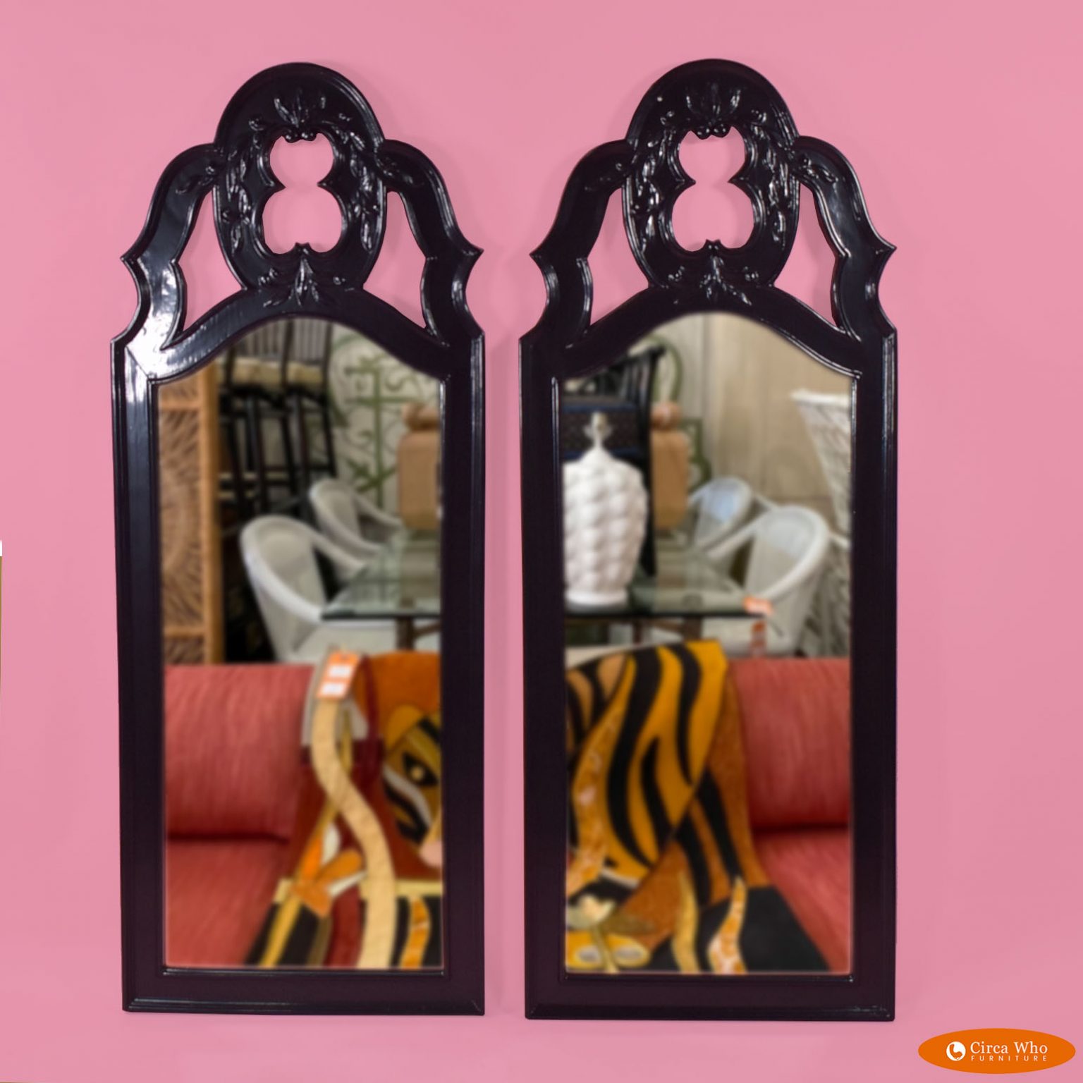 Pair of Hollywood Regency Black Mirrors Circa Who