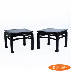 Pair of Hollywood Regency Black Side Tables with Glass Top