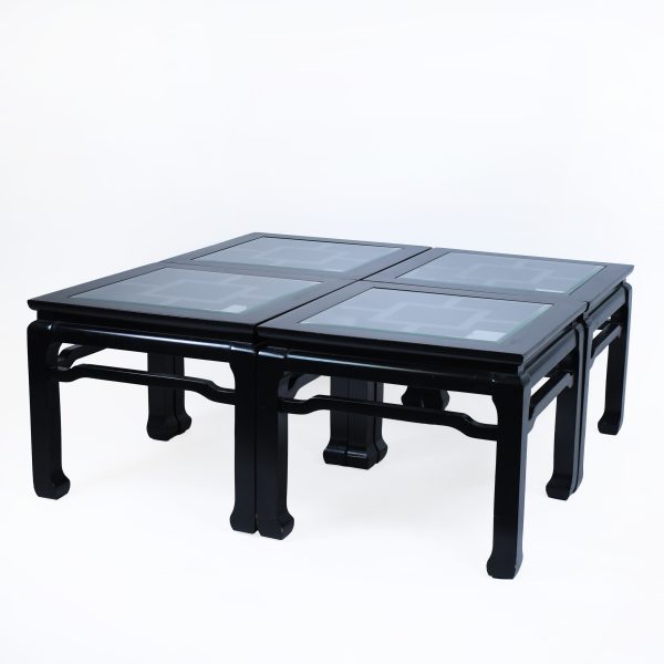 Pair of Hollywood Regency Black Side Tables with Glass Top