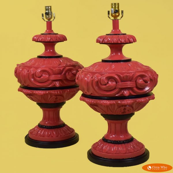 Pair of Hollywood Regency Red Table Lamps