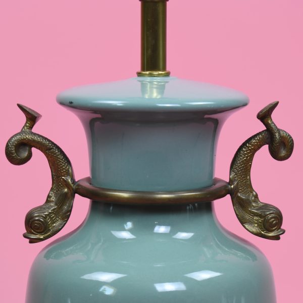 Pair of Teal Koi Fish Brass and Ceramic Table Lamps