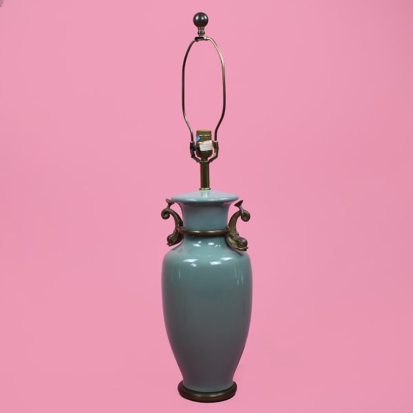Pair of Teal Koi Fish Brass and Ceramic Table Lamps