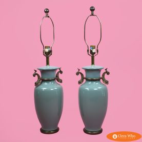 Pair of Teal Koi Fish Brass and Ceramic Table Lamps