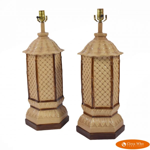 Pair of Large Brown Pagoda Table Lamps