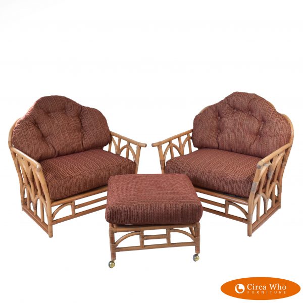 Pair of Large Fretwork Club Chairs With Ottoman